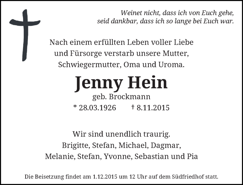  Traueranzeige für Jenny Hein vom 21.11.2015 aus Rheinische Post