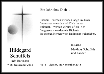 Traueranzeige von Hildegard Schuffels von Rheinische Post