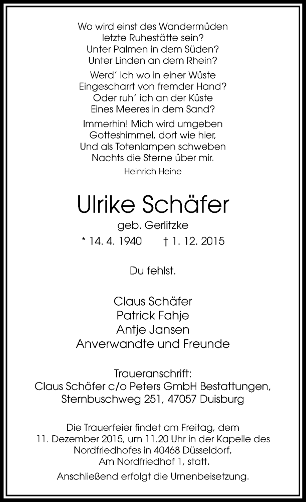  Traueranzeige für Ulrike Schäfer vom 05.12.2015 aus Rheinische Post