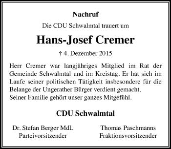 Alle Traueranzeigen F R Hans Josef Cremer Trauer Rp Online De