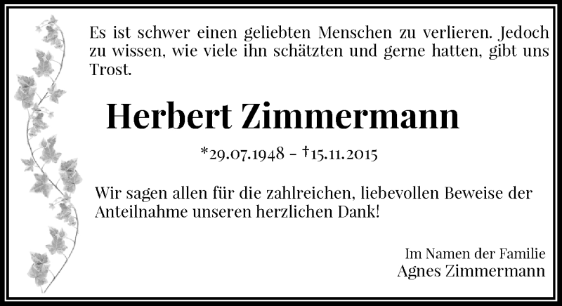  Traueranzeige für Herbert Zimmermann vom 19.12.2015 aus Rheinische Post