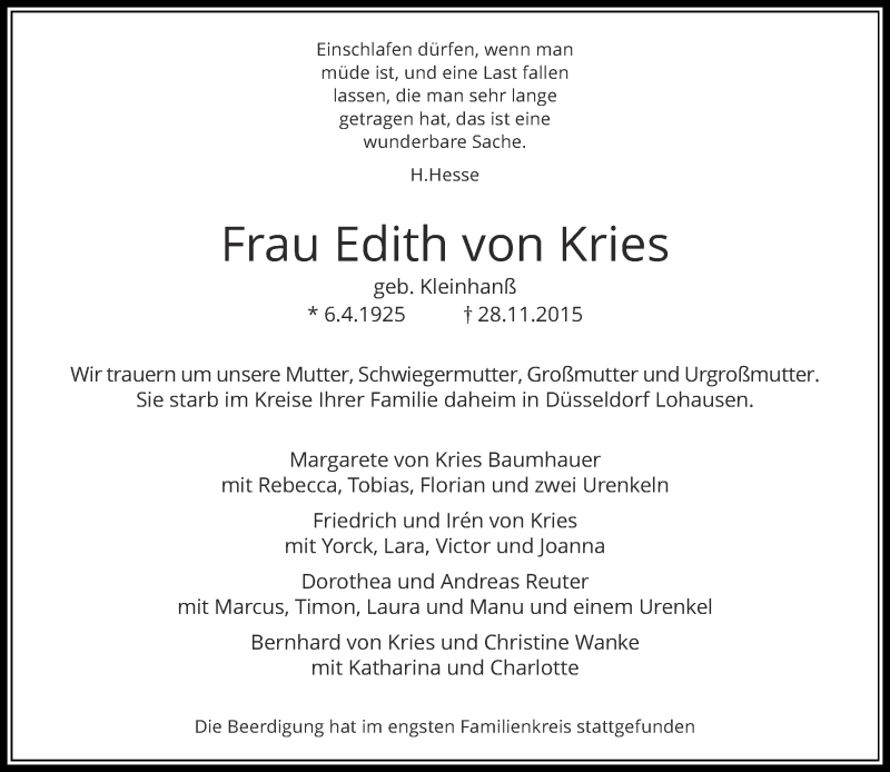 Alle Traueranzeigen F R Edith Von Kries Trauer Rp Online De