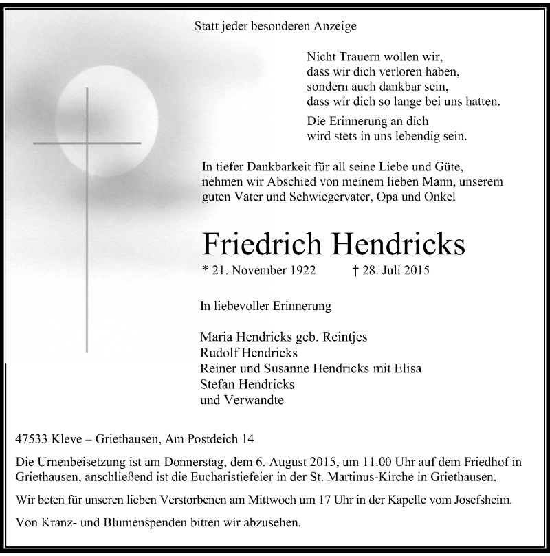 Alle Traueranzeigen F R Friedrich Hendricks Trauer Rp Online De