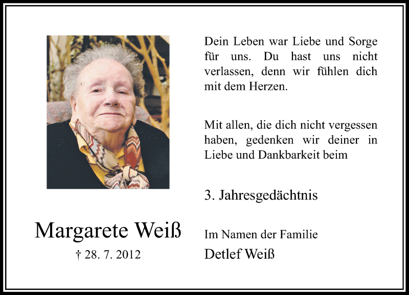  Traueranzeige für Margarete Weiß vom 25.07.2015 aus Rheinische Post