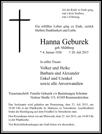 Alle Traueranzeigen für Hanna Geburek trauer rp online de