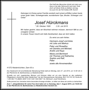 Traueranzeige von Josef Hürckmans von Rheinische Post