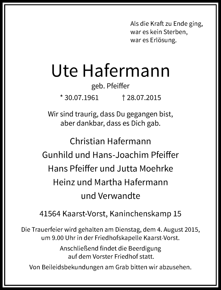  Traueranzeige für Ute Hafermann vom 01.08.2015 aus Rheinische Post