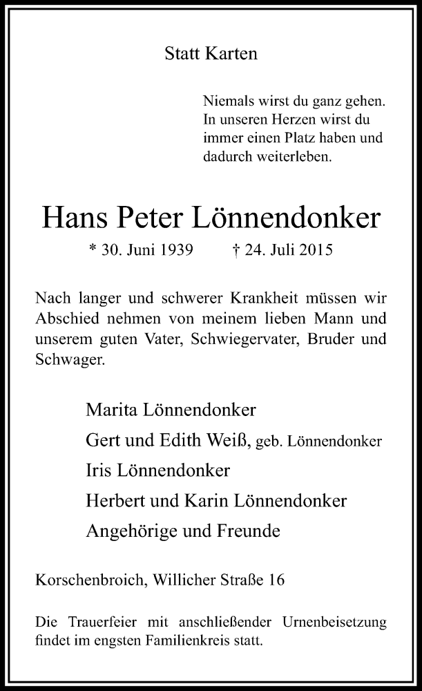  Traueranzeige für Hans Peter Lönnendonker vom 29.07.2015 aus Rheinische Post