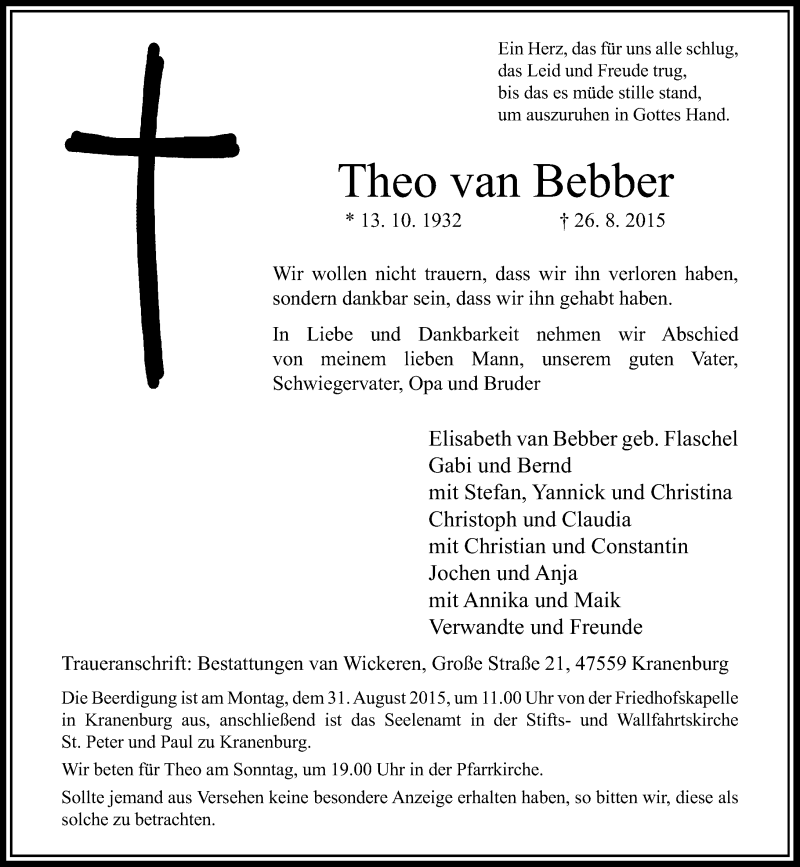  Traueranzeige für Theo van Bebber vom 28.08.2015 aus Rheinische Post