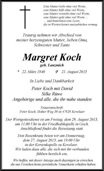 Traueranzeige von Margret Koch von Rheinische Post
