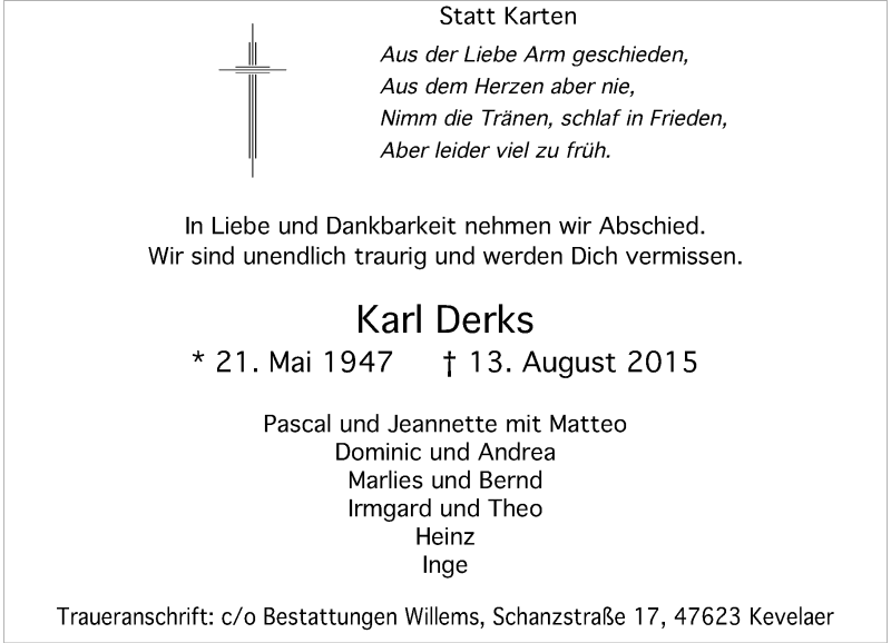  Traueranzeige für Karl Derks vom 15.08.2015 aus Rheinische Post
