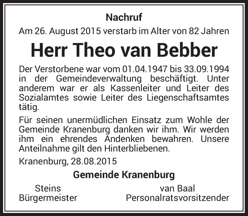  Traueranzeige für Theo van Bebber vom 29.08.2015 aus Rheinische Post