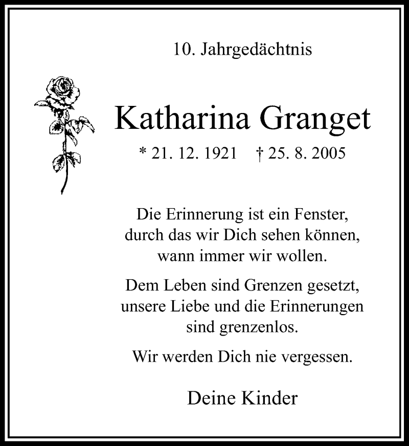 Traueranzeige für Katharina Granget vom 25.08.2015 aus Rheinische Post
