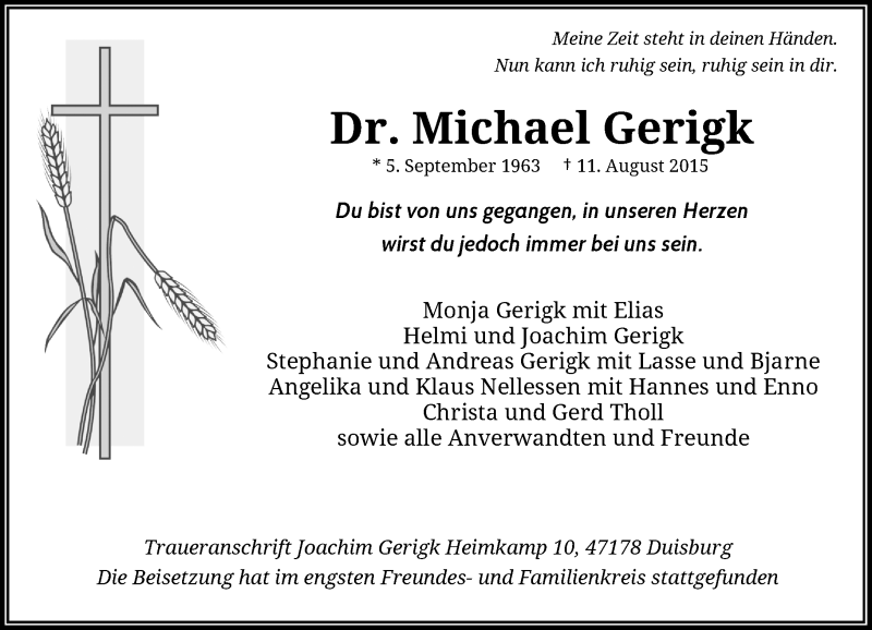  Traueranzeige für Michael Gerigk vom 18.08.2015 aus Rheinische Post