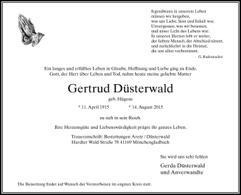 Traueranzeige von Gertrud Düsterwald von Rheinische Post
