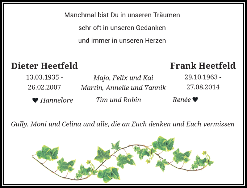  Traueranzeige für Frank Heetfeld vom 27.08.2015 aus Rheinische Post