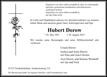 Traueranzeige von Hubert Dorow von Rheinische Post
