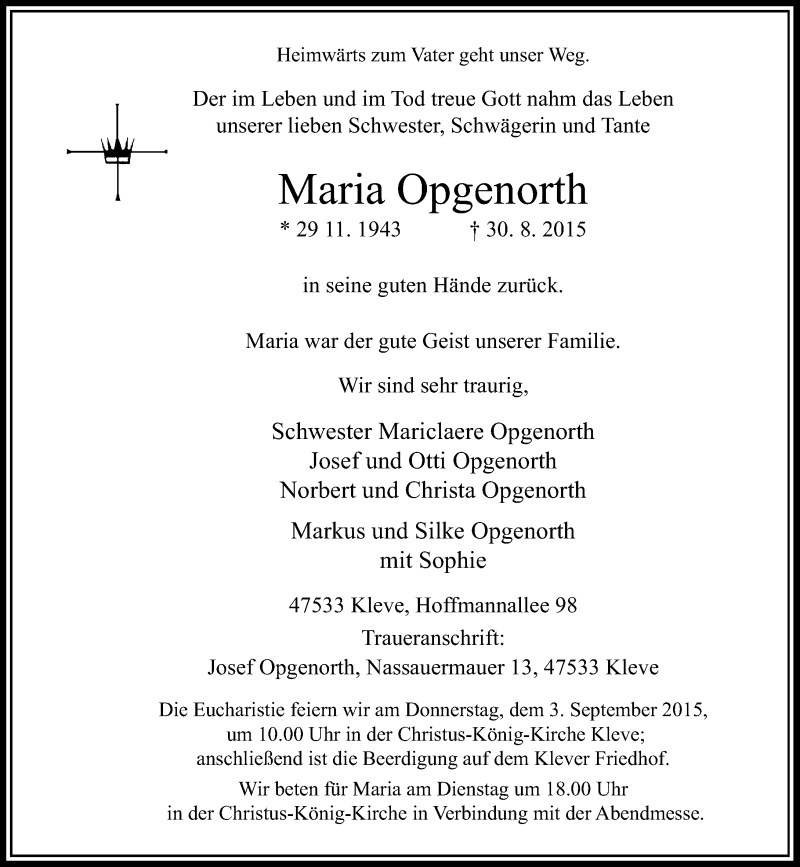  Traueranzeige für Maria Opgenorth vom 01.09.2015 aus Rheinische Post