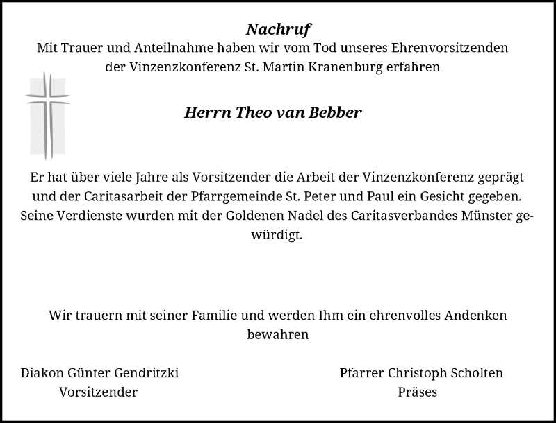  Traueranzeige für Theo van Bebber vom 03.09.2015 aus Rheinische Post