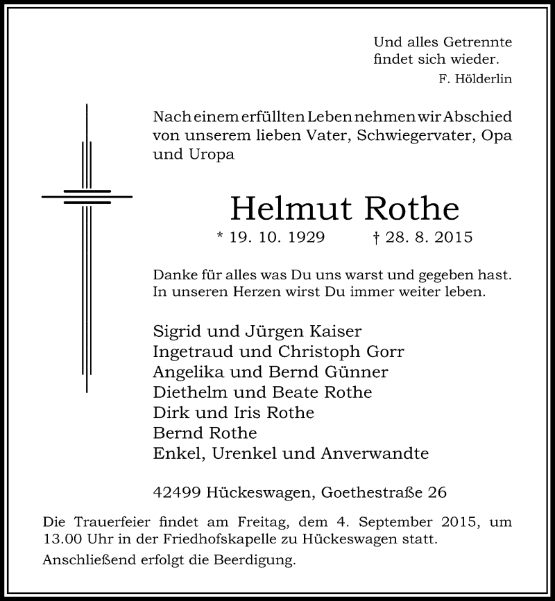  Traueranzeige für Helmut Rothe vom 01.09.2015 aus Rheinische Post