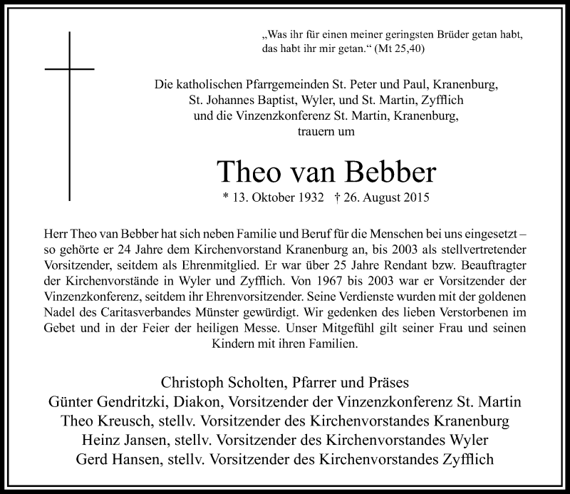  Traueranzeige für Theo van Bebber vom 03.09.2015 aus Rheinische Post