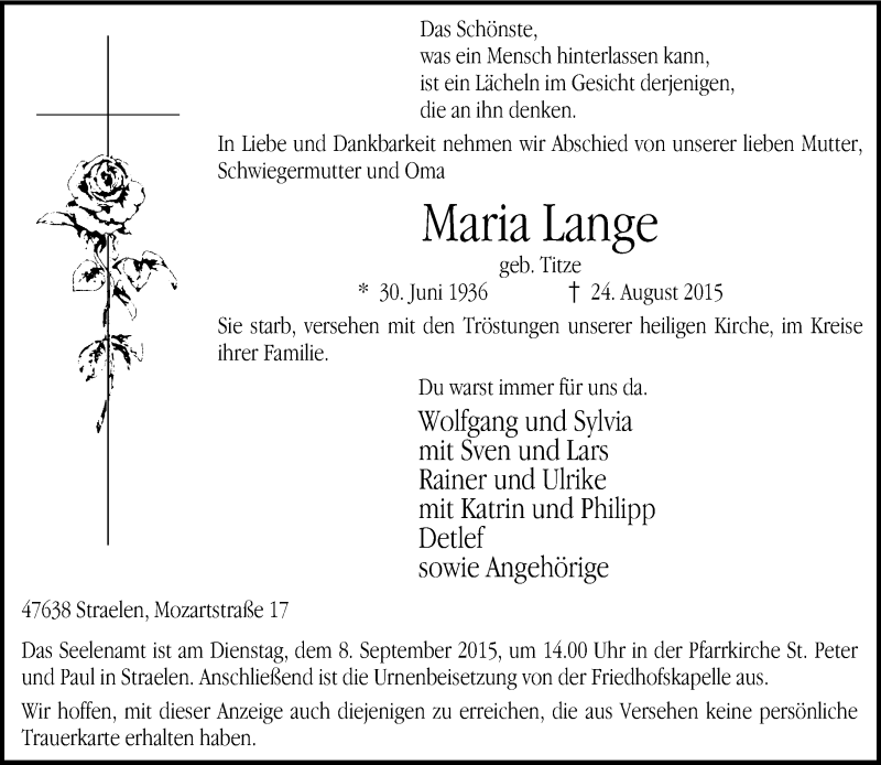  Traueranzeige für Maria Lange vom 03.09.2015 aus Rheinische Post