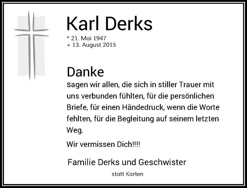  Traueranzeige für Karl Derks vom 26.09.2015 aus Rheinische Post