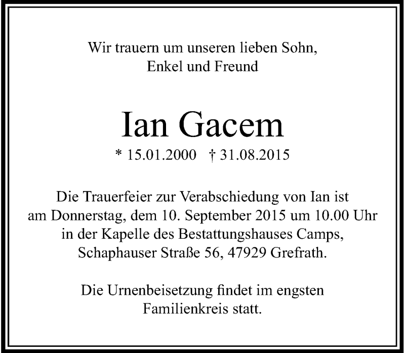 Traueranzeige für Ian Gacem vom 05.09.2015 aus Rheinische Post