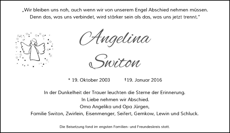  Traueranzeige für Angelina Switon vom 30.01.2016 aus Rheinische Post