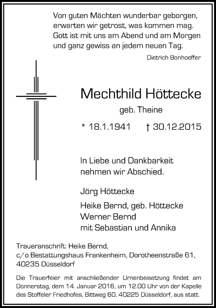 Traueranzeige für Mechthild Höttecke vom 09.01.2016 aus Rheinische Post