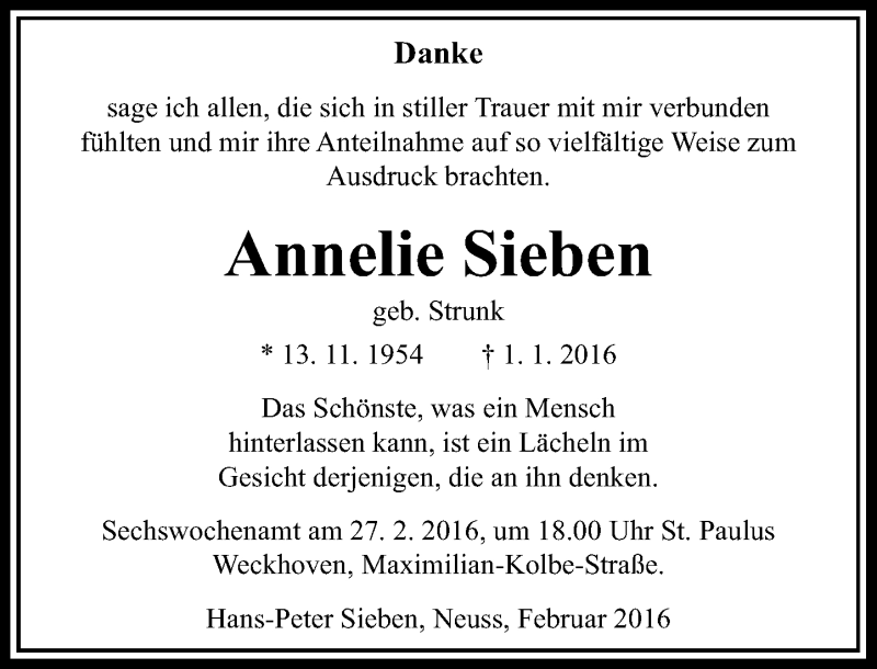  Traueranzeige für Annelie Sieben vom 20.02.2016 aus Rheinische Post