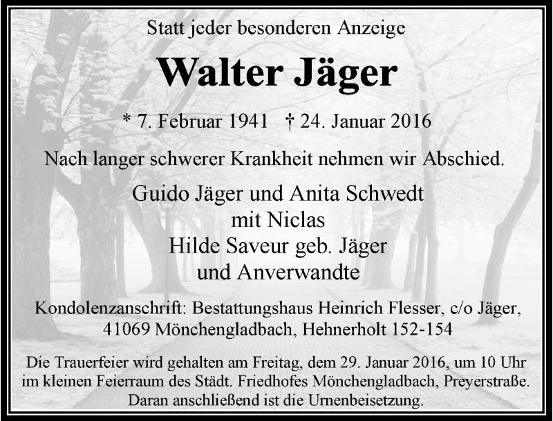 Alle Traueranzeigen für Walter Jäger trauer rp online de