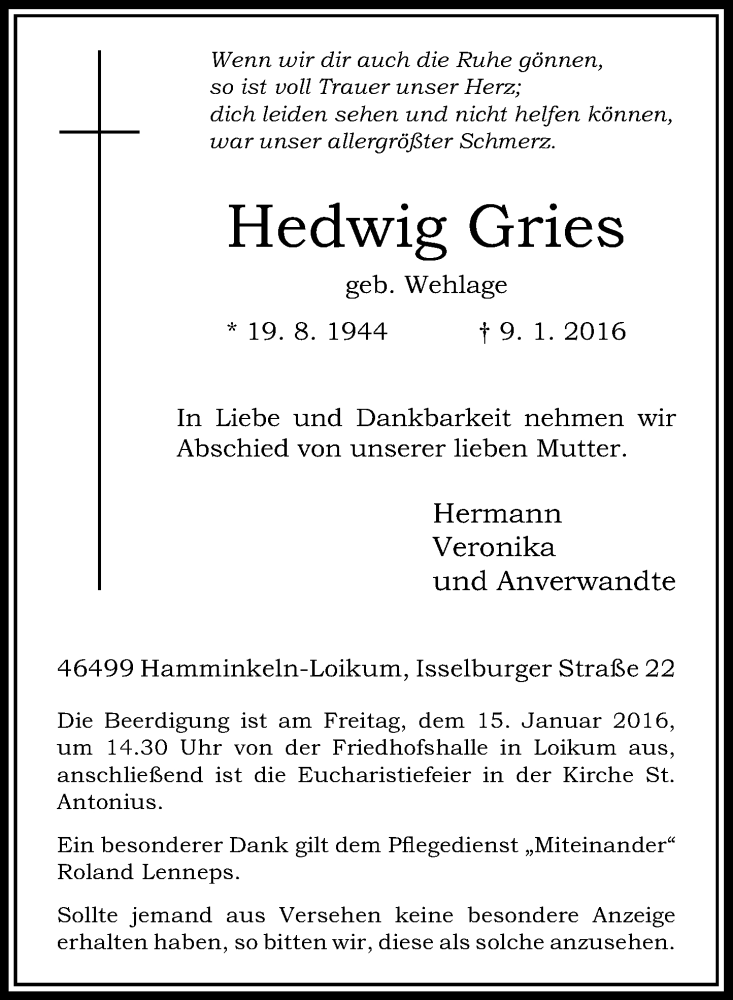 Alle Traueranzeigen F R Hedwig Gries Trauer Rp Online De