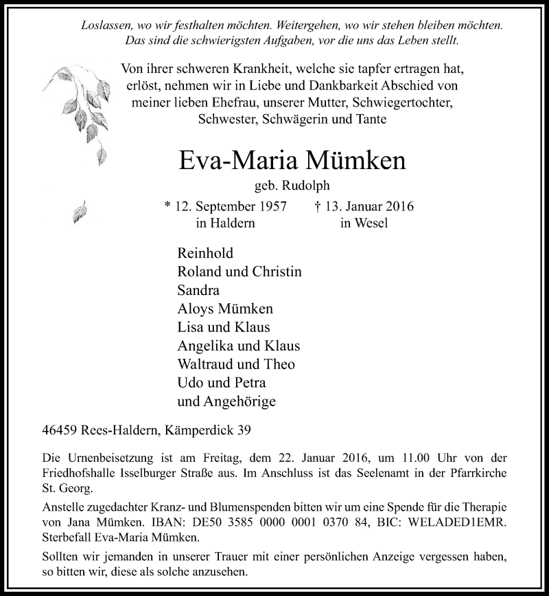  Traueranzeige für Eva-Maria Mümken vom 16.01.2016 aus Rheinische Post