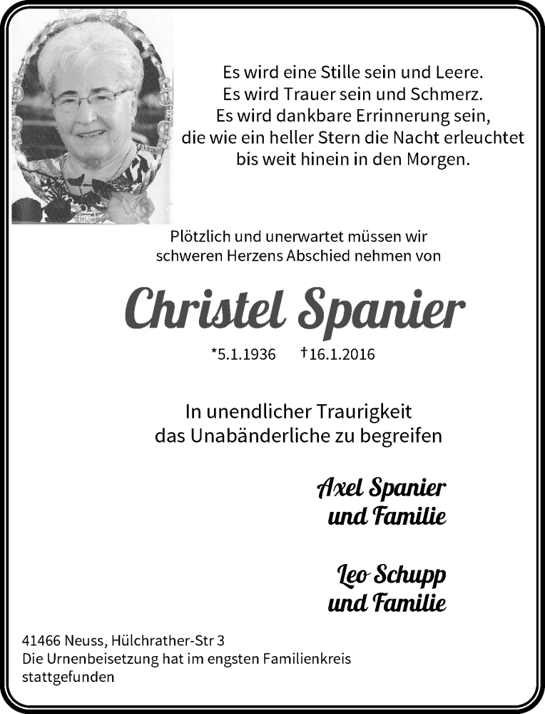  Traueranzeige für Christel Spanier vom 30.01.2016 aus Rheinische Post