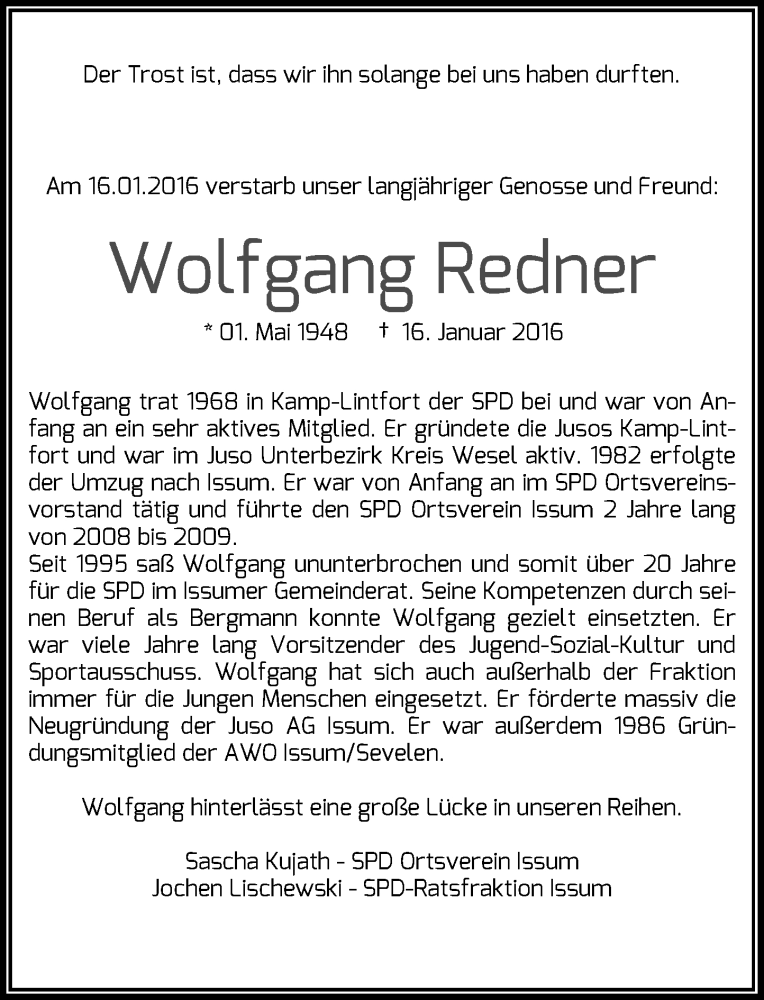  Traueranzeige für Wolfgang Redner vom 28.01.2016 aus Rheinische Post