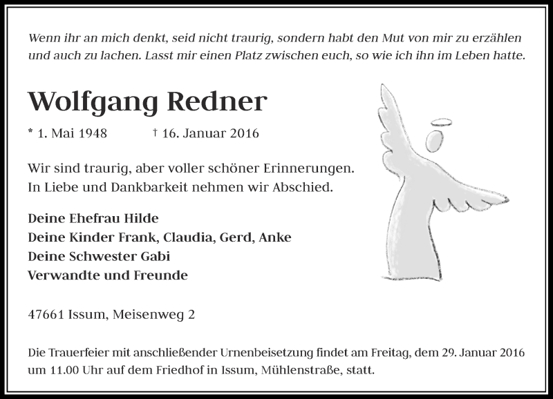 Traueranzeige für Wolfgang Redner vom 21.01.2016 aus Rheinische Post