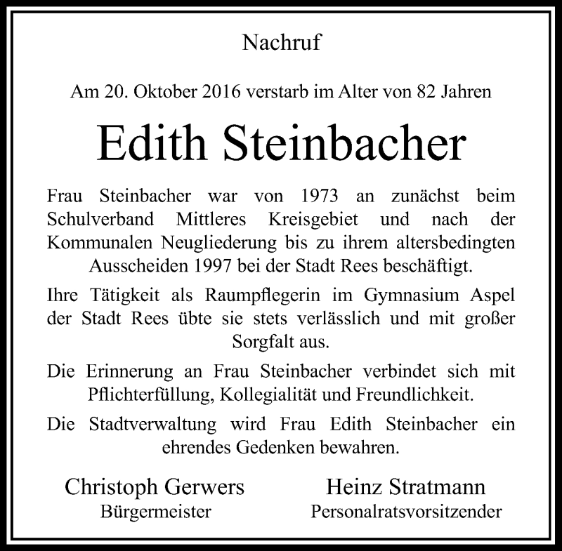  Traueranzeige für Edith Steinbacher vom 25.10.2016 aus Rheinische Post