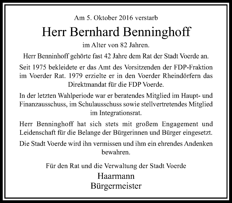  Traueranzeige für Bernhard Benninghoff vom 14.10.2016 aus Rheinische Post