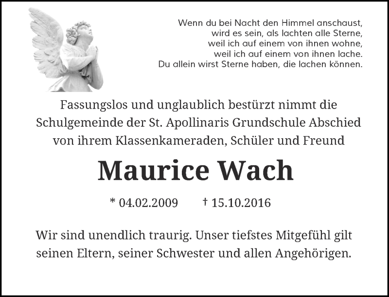  Traueranzeige für Maurice Wach vom 22.10.2016 aus Rheinische Post