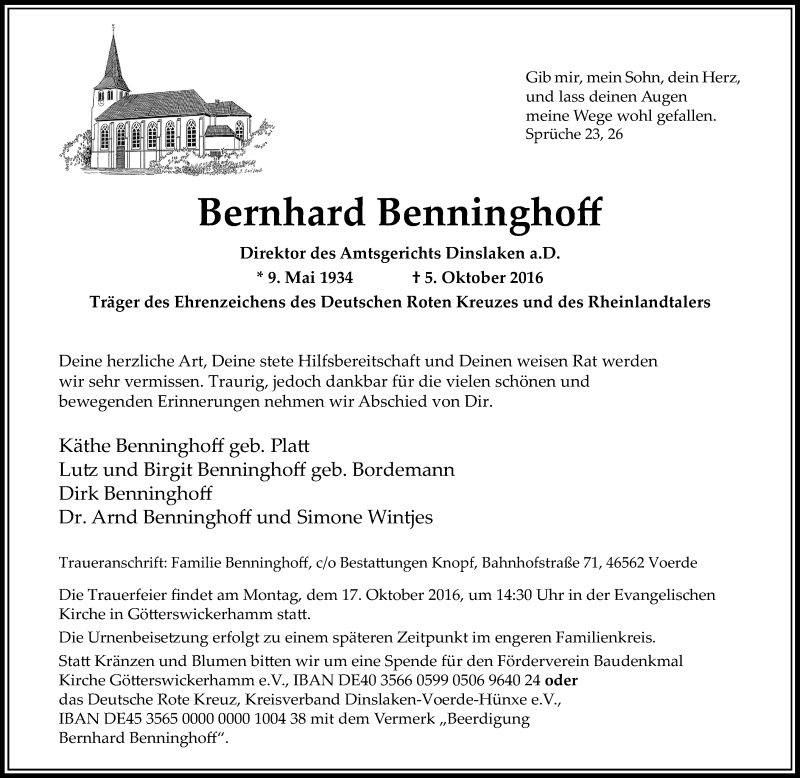  Traueranzeige für Bernhard Benninghoff vom 13.10.2016 aus Rheinische Post