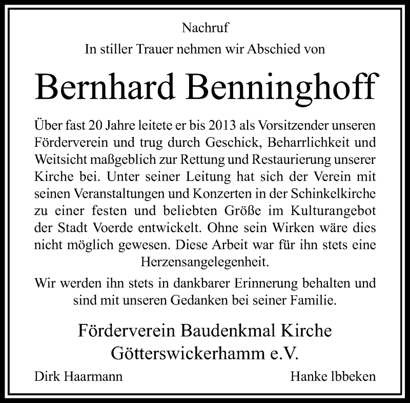  Traueranzeige für Bernhard Benninghoff vom 14.10.2016 aus Rheinische Post