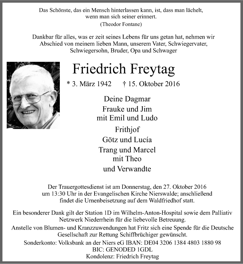  Traueranzeige für Friedrich Freytag vom 22.10.2016 aus Rheinische Post