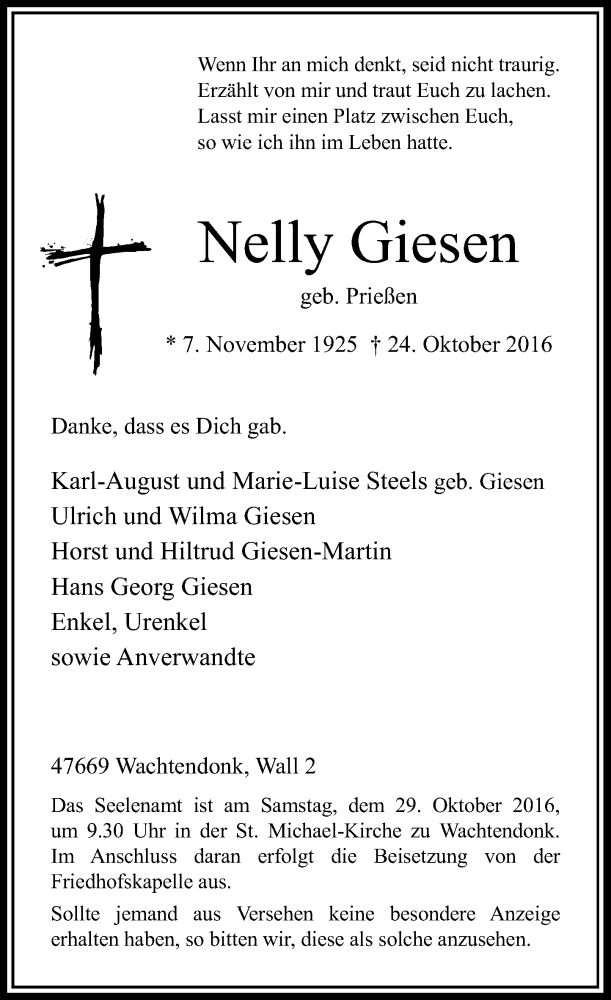  Traueranzeige für Nelly Giesen vom 26.10.2016 aus Rheinische Post
