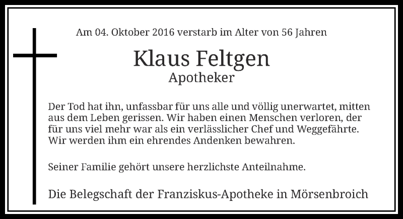  Traueranzeige für Klaus Feltgen vom 22.10.2016 aus Rheinische Post