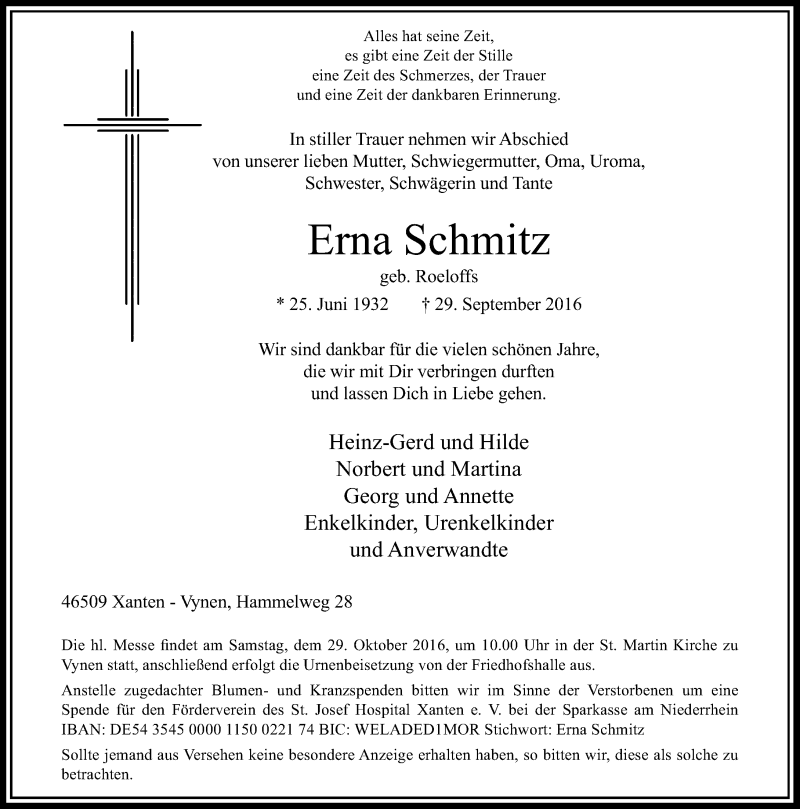 Traueranzeige für Erna Schmitz vom 05.10.2016 aus Rheinische Post