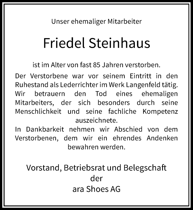 Alle Traueranzeigen für Friedel Steinhaus trauer rp online de