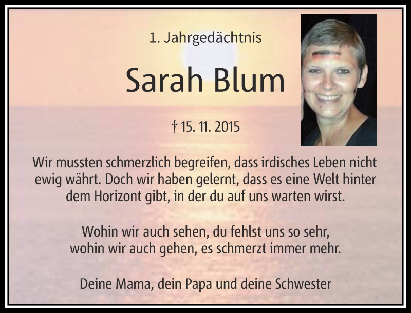  Traueranzeige für Sarah Blum vom 15.11.2016 aus Rheinische Post