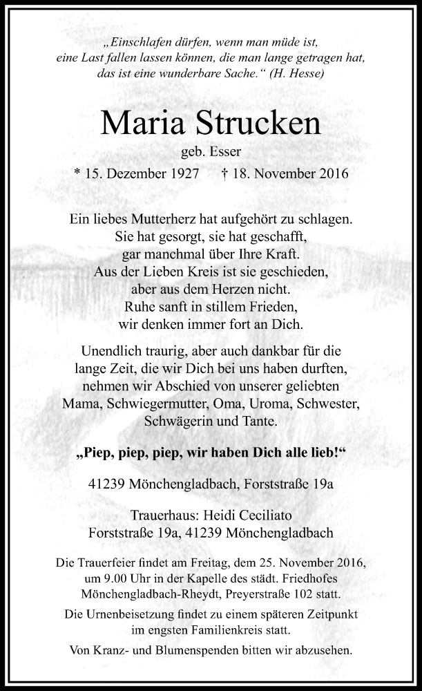  Traueranzeige für Maria Strucken vom 23.11.2016 aus Rheinische Post