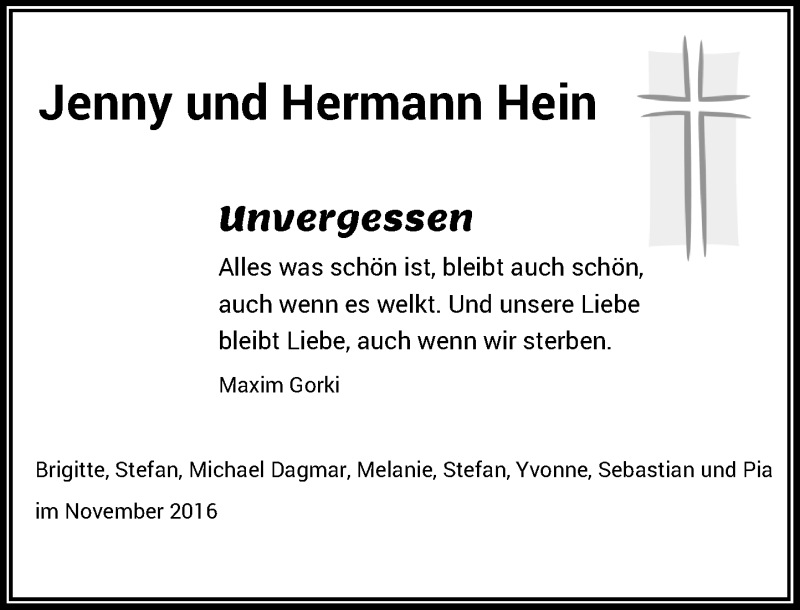  Traueranzeige für Jenny und Hermann Hein vom 05.11.2016 aus Rheinische Post